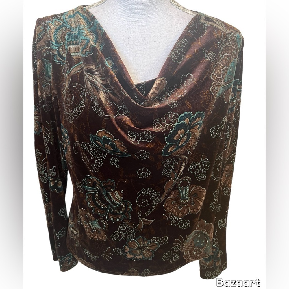 RL Richard NY Velvet Top Womens Brown Floral Glitter Long Sleeve Size Large